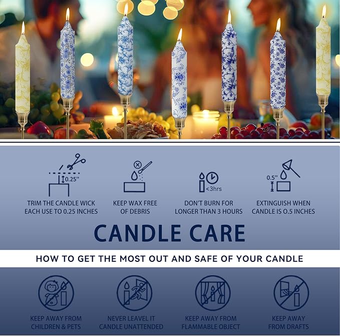 Candlesticks 10 in Vintage Floral Taper Candles Hand Printing Flowers Candlesticks Tall Printed Tapered Candle Sticks for Home Garden Decor Simple Modern, 4 Pack