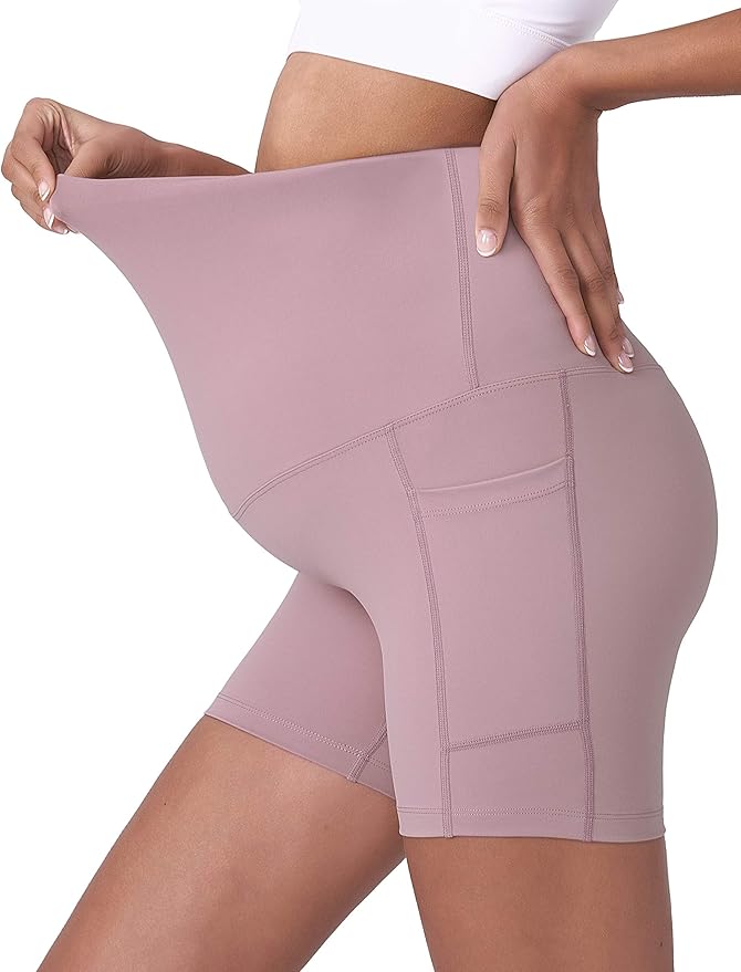 POSHDIVAH Women's Maternity Yoga Shorts Over The Belly Bump Summer Workout Running Active Short Pants with Pockets 5"/8"