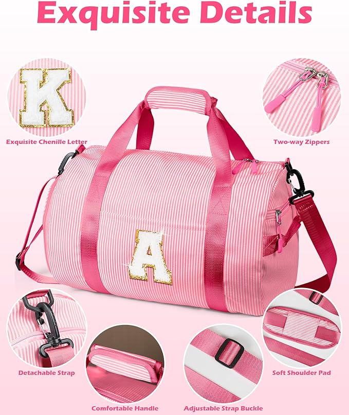 Birthday Gift for Teen, Girls Travel Duffle Bag, Kids Initial Overnight Bags with Shoe Compartment, Personalized Weekend Bag with Makeup Pouch, Girly Cute Stuff Trip Essentials (Letter J)