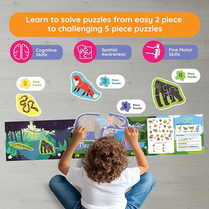My First Puzzle | Montessori Puzzle Toy | 12 Graded Wild Animals Puzzle | Activity Puzzle for Early Learners | 2 to 5 Piece Puzzle Set for Toddlers | Puzzle for 3+ Year Old Kids