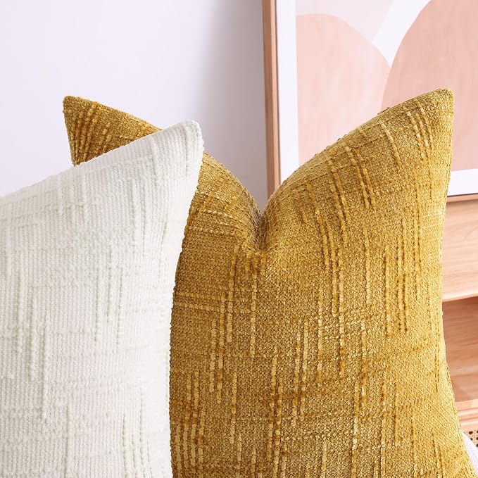 decorUhome Textured Chenille Throw Pillow Covers 20x20 Set of 2 Cream White | Fall Modern Farmhouse Soft Cozy Slubby Couch Pillow Cases Boho Decorative Pillow Cases for Bed Sofa Living Room Home Decor