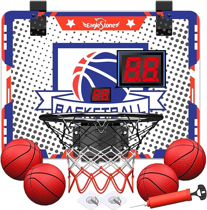 EagleStone Mini Indoor Basketball Hoop with Scoreboard,4 Balls & Pump,Over The Door Bedroom Office Basketball Hoop for 6 7 8 9 10 11 12+ Year Old Kids Boys