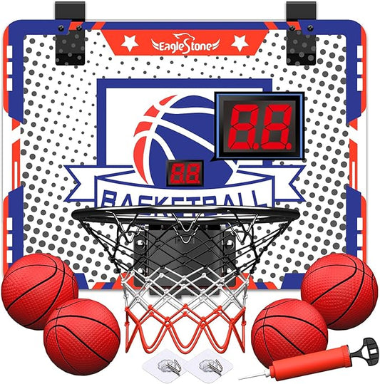 EagleStone Mini Indoor Basketball Hoop with Scoreboard,4 Balls & Pump,Over The Door Bedroom Office Basketball Hoop for 6 7 8 9 10 11 12+ Year Old Kids Boys