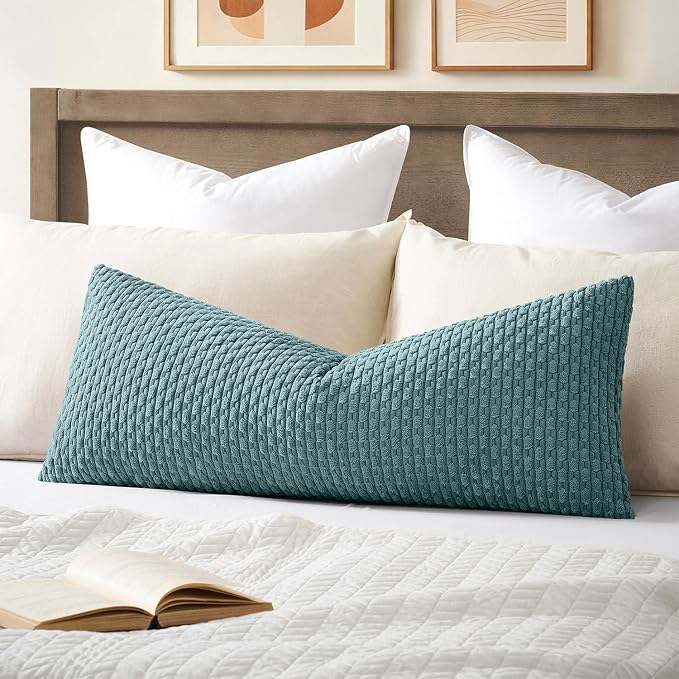 Kevin Textile Soft Corduroy 14"x36" Lumbar Pillow Cover 1 Pack, Blue | Boho Stripe Plush Corduroy Decorative Oblong Cushion Cover Modern Farmhouse Home Decor for Sofa Couch Bed Chair