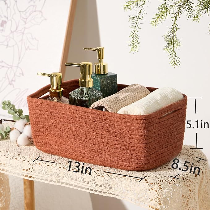 MiniArk Small Storage Baskets for Organizing | Closet Organizer Bins | Shelf Toy Basket | Woven Rope Baskets | Cube Decorative Box | Shallow Basket | 13x8.5x5.1” | 3 Packs Oxide Red