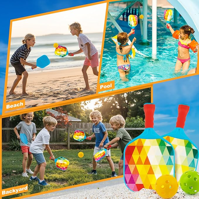 Kids Pickleball Paddles Outdoor Toys for Kid Ages 4 5 6 7 8 Year Old Boy Girl Stocking Stuffers, Beginner Easy to Use Yard Ball Games Set of 2, Lightweight Grip for Small Hands