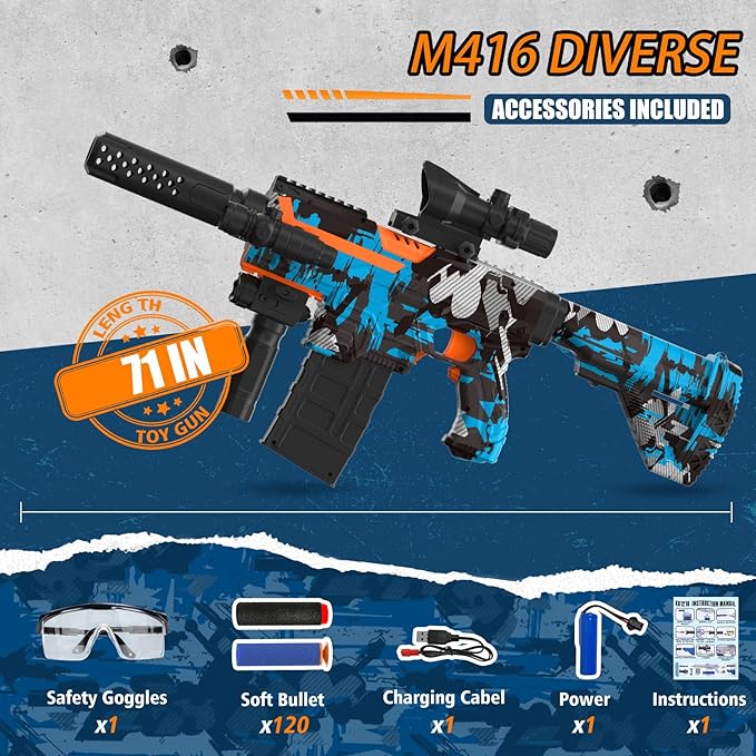 Automatic Toy Foam Blaster with Scope, Electric Toy Gun Dart Blaster with 120 Foam Darts for Nerf Guns, IR, Flashlight, Goggles, Air Pocket Technology Outdoor Shooting Game Kids Toys for 8-12 -Blue