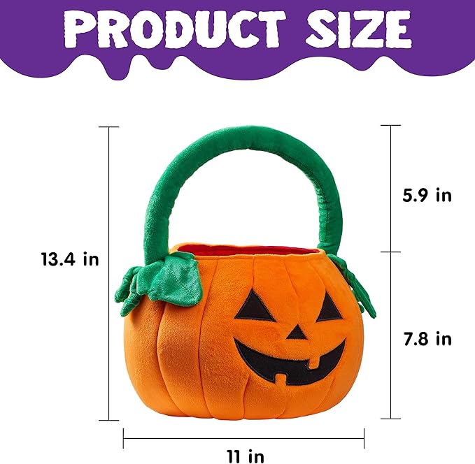 JOYIN Halloween Pumpkin Plush Tote Bucket, 11 X 13.4 inches Candy Trick or Treat Bag, Cute Halloween Basket with Handle for Kids Girl Boy Trick or Treating, Party Favor Supplies , Kids Gifts Goody Bag