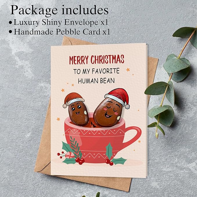 Handmade Christmas Pebble Card – Funny Holiday Pun Card with Pebble Art – Unique Christmas Greeting Card for Friends, Family, Coworkers
