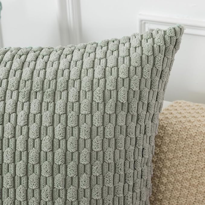 Kevin Textile Soft Corduroy 16"x24" Lumbar Pillow Cover 1 Pack, Grey Green | Boho Stripe Plush Corduroy Decorative Oblong Cushion Cover Modern Farmhouse Home Decor for Sofa Couch Bed Chair