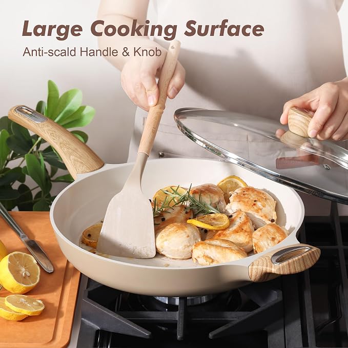SENSARTE 12.5inch Ceramic Nonstick Frying Pan Skillet with Lid, Taupe | Non Stick Omelet Pans, Non-toxic Healthy Kitchen Cooking Chefs Pan, PFOA/PFAS/PTFE Free, Induction Compatible