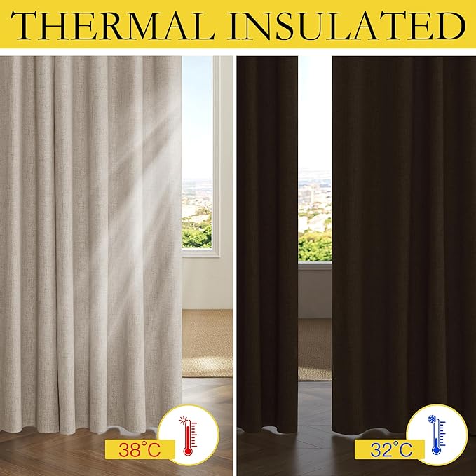 NICETOWN Oatmeal Vintage Open Linen Weave Flax Thermal Curtains, 100% Blackout Curtains 84 inches Long for Dining Room, Soundproof Window Treatment Drapes for Hall Room, 52" Wide Per Panel, Set of 2
