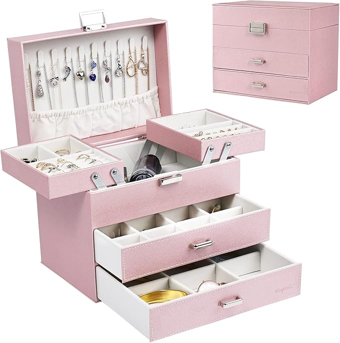 Jewelry Boxes for Women Girls, Jewelry Storage Organizer, 4 Layers Large Jewelry Organizer Box with 2 Drawers for Friends, Wife or Mother Gift (Pink)