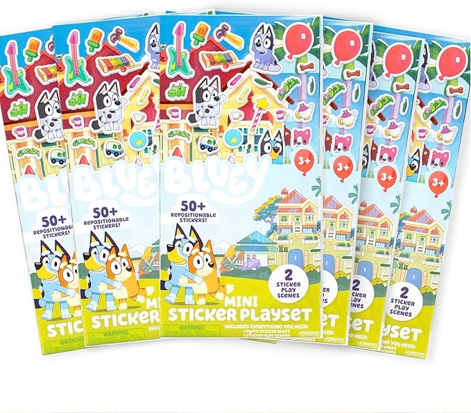 Bluey Mini Sticker Playset, 6-Pack, 45 Reusable Puffy Stickers, Double-Sided Play Scenes, Repositionable, Travel Toy for Kids & Toddlers, Blue
