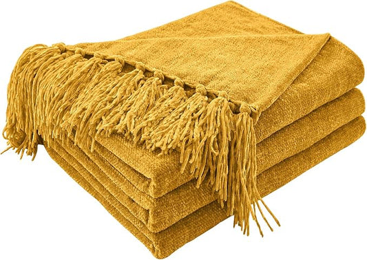 CozeCube Chenille Throw Blanket, Harvest Gold Fringe Blanket, 60"X80" | For Couch, Cozy Plush Fuzzy Decorative Blanket with Fringe Tassels, Lightweight Throws for Bed Sofa Gift Home Decor