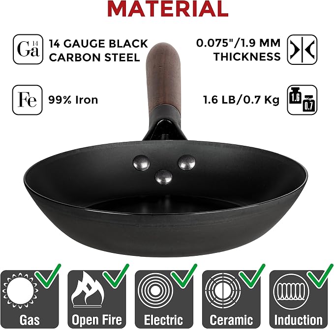 YOSUKATA 7.9" Carbon Steel Frying Pan – Non-Toxic Pre-Seasoned Skillet with Removable Wooden Handle – Coating-Free Wok-Style Pan for Gas, Induction, Electric, Oven & Grill BBQ