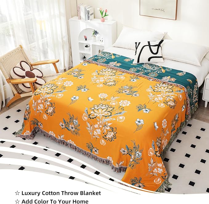 VANJOROY Boho Large Throw Blanket, 100% Organic Cotton Breathable Soft Bed Throw - Floral Bird Farmhouse Decor Blanket for Sofa Couch Chair Quilt and Gift. (Flower-Art, 80" x 90")