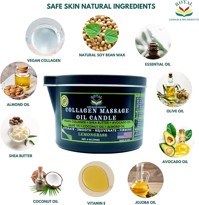 ROYAL Collagen Massage Oil candle, Body Massage Oil Candle, Candle Massage Oil, Collagen Massage Oil Candle, Aromatherapy candle, couple massage oil candle, 6 oz. with pouring spout - Lemongrass Scent