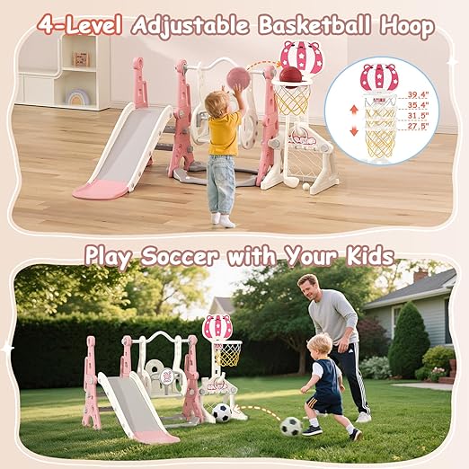 BIERUM Toddler Swing and Slide Set - 6 in 1 Baby Slide for Toddlers Age 1-2, with Basketball Hoop, Soccer and Golf Game, Indoor Outdoor Toddler Playset Pink