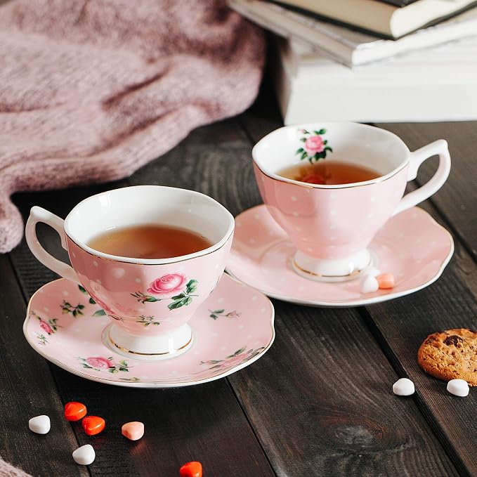 BTaT- Floral Tea Cups and Saucers, Set of 8, 8 oz | Fine Porcelain Teacup Set Gold Trim Afternoon Tea Weddings Parties Gifting Dishwasher Safe Lightweight Non Toxic