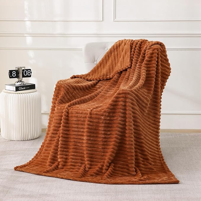 Burnt Orange Fleece Throw Blanket 50”×60” for Couch Sofa Livingroom | Linecooo Super Soft Cozy Plush Microfiber Flannel Bed Blanket Striped Design Lightweight Home Decor Gifts for Adult Mom Women
