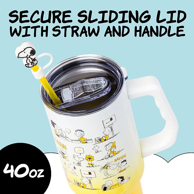 Silver Buffalo Peanuts Iconic Scenes Charlie Brown, Snoopy, Woodstock, Lucy, Sally, Linus Double Walled Stainless Steel Tumbler with Handle, Straw, & Straw Cap, Fits in Standard Cup Holder, 40 Ounces