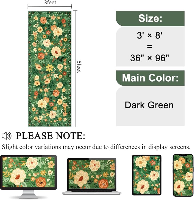 DUKINO 3x8 Kitchen Runner Rug, Washable Rug for Hallway Non Slip Dark Green | Soft, Low Pile, Floral Indoor Carpet Runner for Hallway, Entryway, Bedroom, Bathroom, Laundry, Pet Friendly, Home Decor