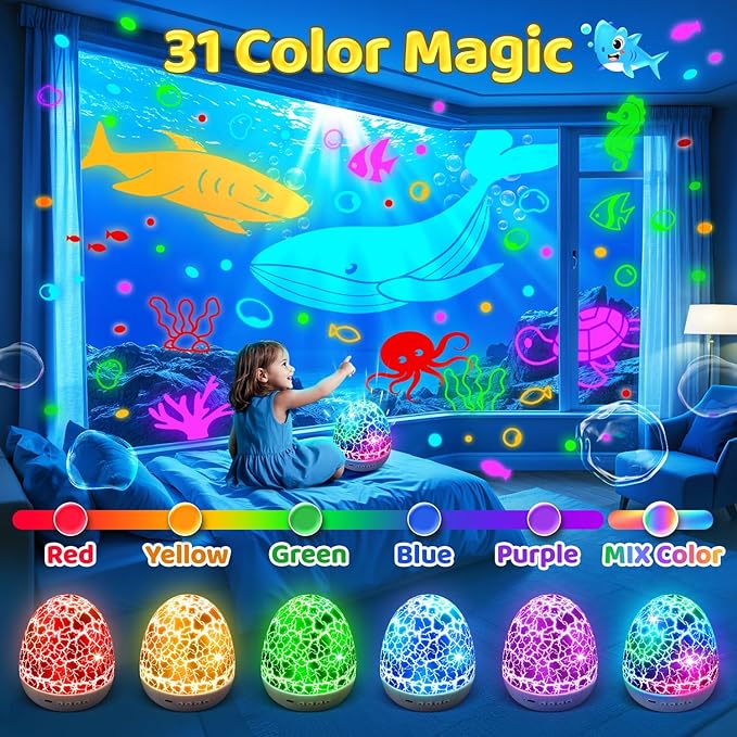 Toddler Toys Night Light Projector Easter Eggs Sensory Toys for Kids with Autism Toys for Boys 3-10 | 15 White Noise 3D Films 31Colors Remote Control Night Light for Kids, Baby Gifts