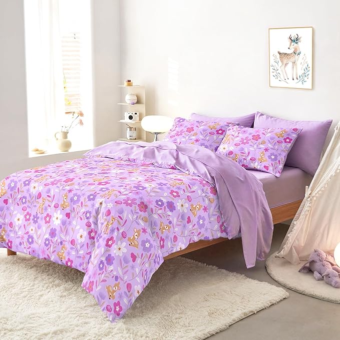 Wake In Cloud - Floral Bedding Set for Girls, Cute Colorful Botanical Flowers Deers Patterned Soft Lightweight Comforter Set with Sheets, 5 Pieces Kids Bed in a Bag, Lavender, Twin Size