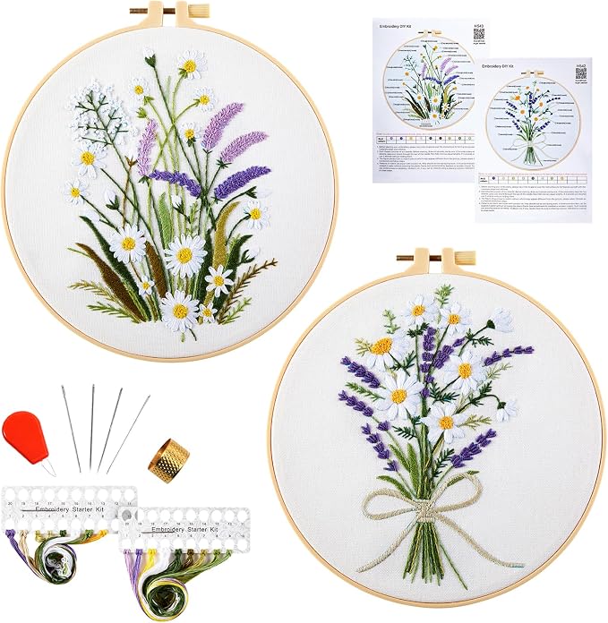 Embroidery Kits for Beginners Adults, Floral Hand Embroidery Set Needlepoint Kits, Flowers Stamped Cross Stitch Kits for Beginners Adults, 2 Embroidery Hoops, Fabric, Thread (Attached Video Tutorial)