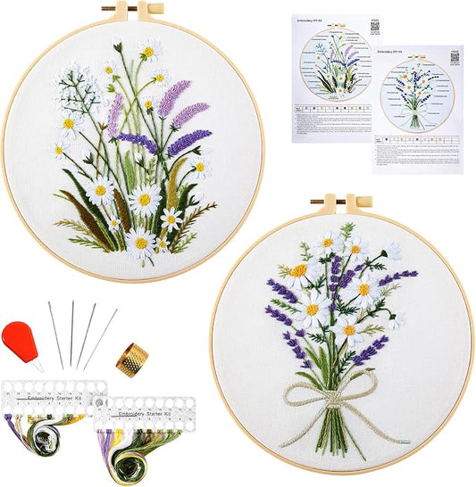 Embroidery Kits for Beginners Adults, Floral Hand Embroidery Set Needlepoint Kits, Flowers Stamped Cross Stitch Kits for Beginners Adults, 2 Embroidery Hoops, Fabric, Thread (Attached Video Tutorial)