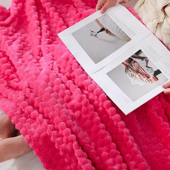 Puncuntex Hot Pink Throw Blanket 108"×90" Fuzzy 3D Jacquard Decorative | Flannel Fleece Super Soft Plush Cozy Blanket for Couch Sofa Chair Lightweight