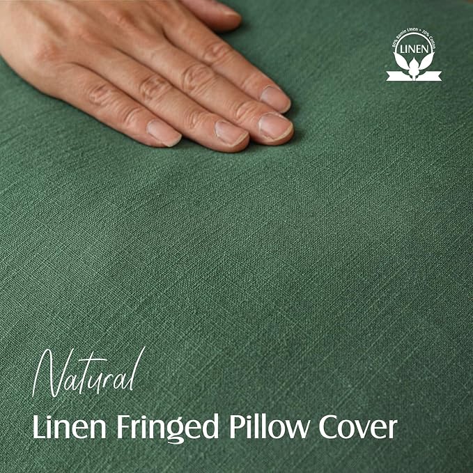 Foindtower Set of 2 Decorative Linen Fringe Throw Pillow Covers Cozy Boho Farmhouse Cushion Cover with Tassels Soft Accent Pillowcase for Couch Sofa Bed Living Room Home Decor, 16×16 Inch, Pine Green