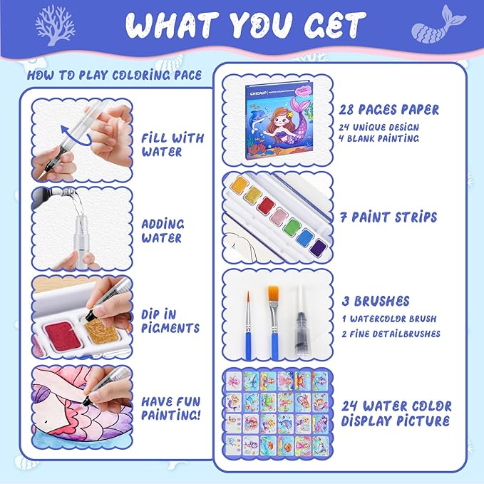 CHICAUP Paint with Water Coloring Books for Kids, Mess Free Watercolor Painting Kit Painting Activity for Kids Ages 3-5 4-8, Arts Crafts Drawing Gift Toy for Boy Girl (Blue)