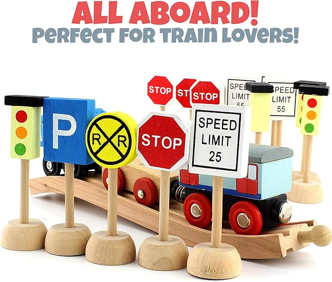 Kids Wooden Street Signs Playset (14-Piece Set), Wood Traffic Signs Perfect for Car & Train Set