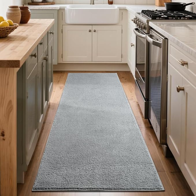 FinRèc 2x6 Washable Runner Rugs for Kitchen Hallway Bedroom, Low Pile Thin Rug Solid Color, Non-Slip Carpet Indoor for Home Decor (Pure Light Grey)