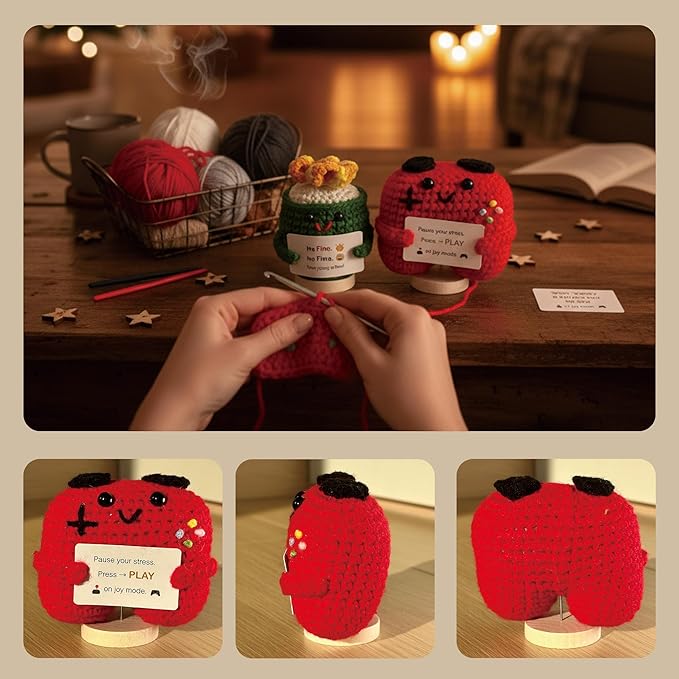 3-PCS | Fun & Games Crochet Set | Fire Cupping Beer Game Controller Positive Plush | Handmade Funny Stuffed Figures with Wooden Stand & Inspirational Cards | Mini Desk Decor Gift for Teens Adults