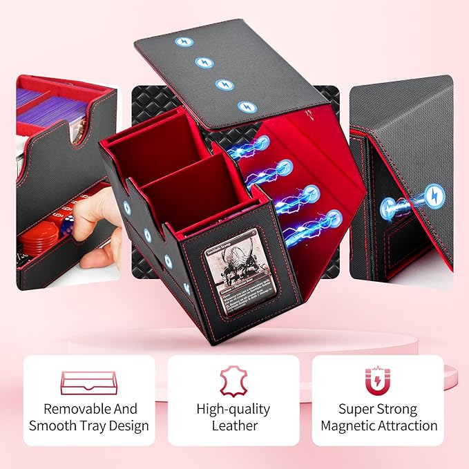 UAONO Card Deck Box for MTG, Double Card Storage Box with 2 Commander Display & 1 Dice Tray, Fits 200+ Double Sleeved Cards, Card Organizer for CCG TCG Sports Cards (Black Red)