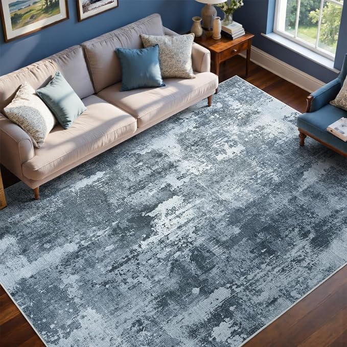 4x6 Ft Area Rugs for Living Room, Soft Non-Slip Washable Rugs Modern Abstract Pattern Carpet for Bedroom Indoor Floor Nursery Home Decor (Blue Grey)