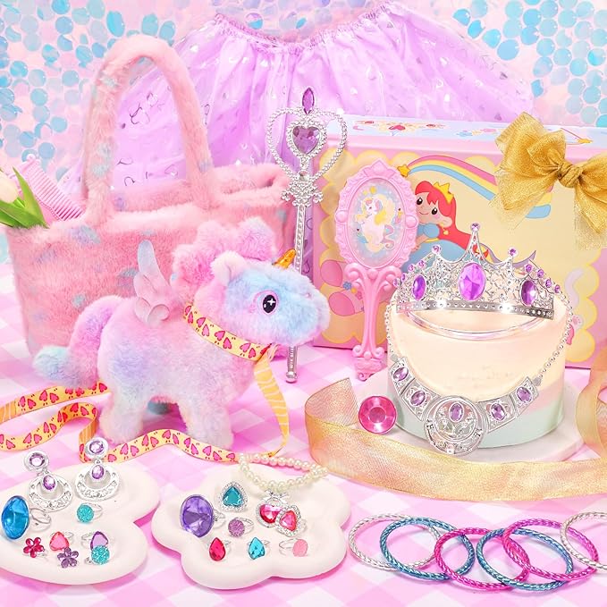 Tagitary Interactive Unicorn Plush Toy with Glowing Horns, Walking Pony Realistic Stuffed Unicorn with Kids Dress Up & Pretend Princess Jewelry Toys,Christmas Birthday Gift Party Favors for Toddlers