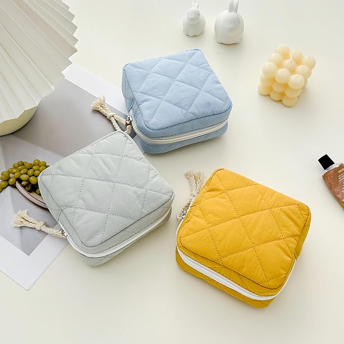 Small Makeup Bag | Discreet Period Bag Pad Pouch for Purse| Sanitary Napkin Storage & Tampon Holder for Travel (Quilted light blue)