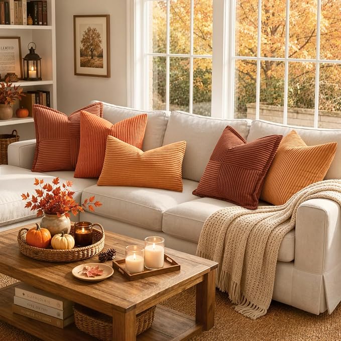 MIULEE Fall Lumbar Corduroy Throw Pillow Covers Set of 2 12x20 Burnt Orange | Decorative Striped Textured Cushion Cases, Boho Rustic Pillowcases for Home Decor, for Couch Chair Sofa Bed Living Room