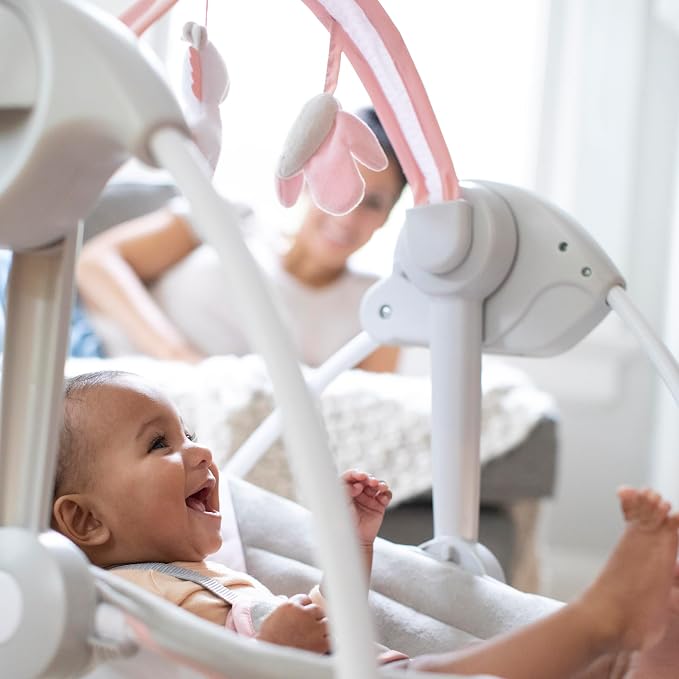 Ingenuity Comfort 2 Go Compact Portable 6-Speed Cushioned Baby Swing with Music, Folds Easy, 0-9 Months 6-20 lbs (Pink Flora the Unicorn)