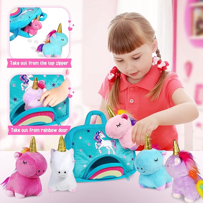 KMUYSL Toys for Ages 3 4 5 6 7 8+ Years - Plush Mommy Stuffed Animal with 4 Babies in Her Tummy, Soft Plush Toys Set, Christmas Birthday Gifts for Girls Boys Baby, Toddler, Kids (Unicorn Toys)
