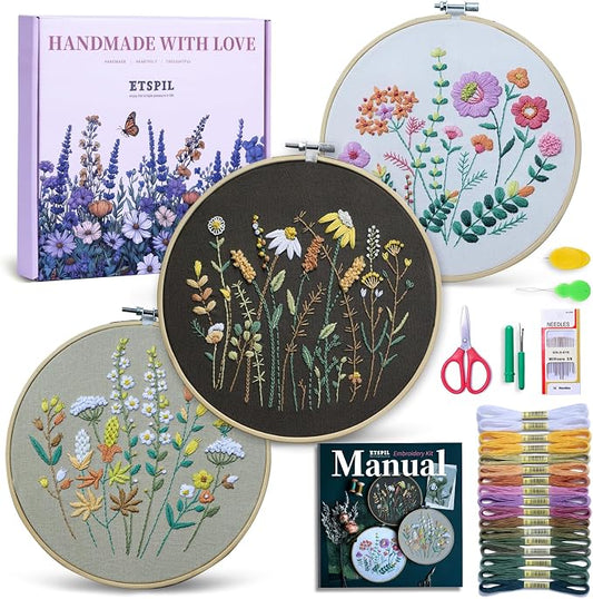 ETSPIL Beginner Embroidery Kit for Adults, 4K HD Video Tutorials, Pre-Printed Botanical Floral Designs, Essential Stitches & Bound Guide, Relaxing Screen-Free Activity for Women at Home