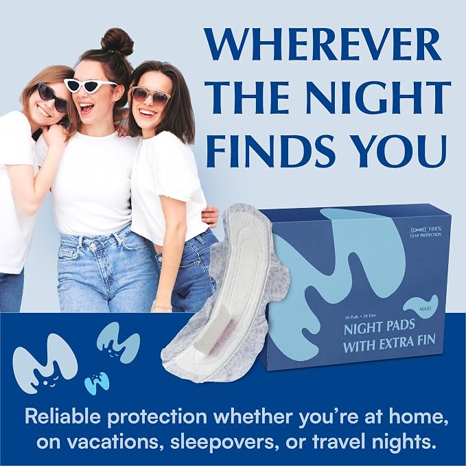 Overnight Pads with Wings – Size 5 (Maxi Pad) – Ultimate Leak-Free Protection with Absorbent FIN Technology – 30 Sanitary Napkins with pH-Balanced Wipes – Sanitary Pads for Women & Teens