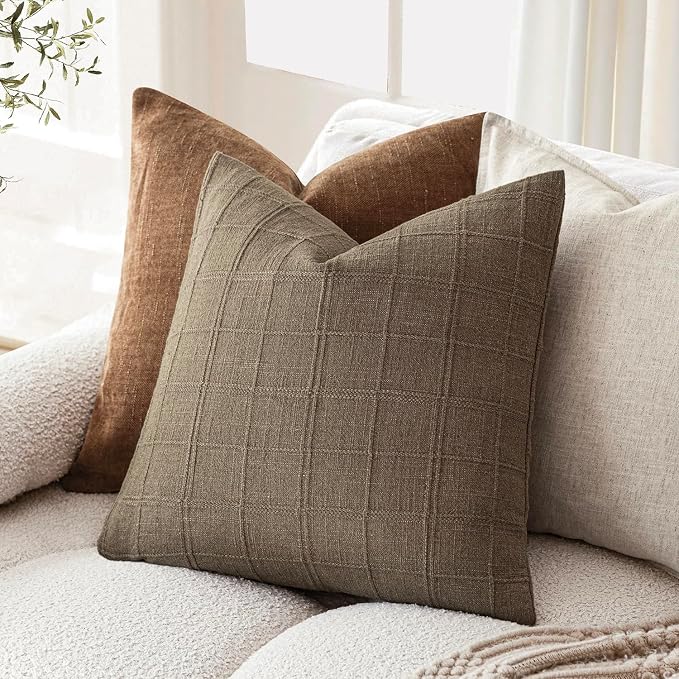 Foindtower Set of 2 Decorative Linen Check Throw Pillow Covers Neutral Farmhouse Vintage Cushion Covers Modern Boho Home Decor for Sofa Chair Couch Bedroom Living Room,24×24 Inch,Light Brown