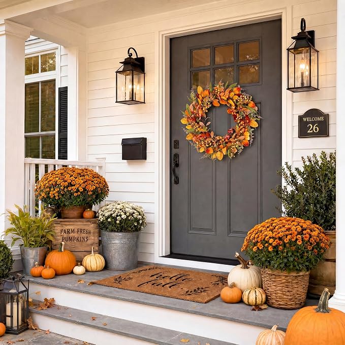 20" Fall Wreath Front Door Pumpkin Artificial Wall Decor Farmhouse Autumn Wreath Thanksgiving Home Porch Outdoor Indoor Holiday Harvest Decor
