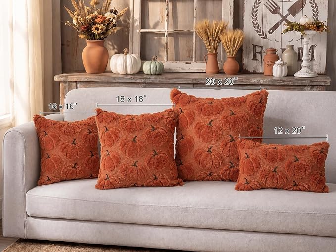 Fall Pumpkins Decorative Pillow Covers 18x18 Set of 2, Dark Rust Red Soft Plush Faux Fur Wool Farmhouse Throw Cushion Cases for Autumn Thanksgiving Holiday Home Decorations