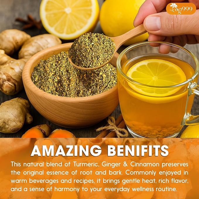 TOG999, Premium 12oz Ginger Turmeric Cinnamon Loose Leaf Herbal Tea. Improve Digestion, Support Brain, Weight, Skin and Sleep. Premium Quality Spiced Blend. No Sugar, No Caffeine, No Gluten, Vegan.